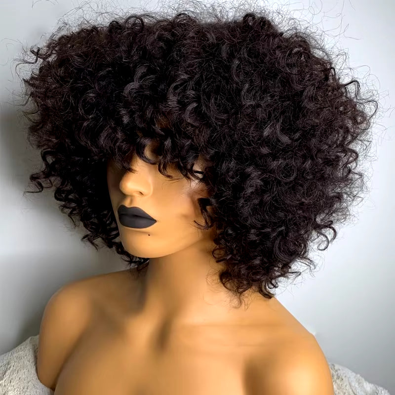 Brown Color Brazilian Remy Curly Hair Wig with Bangs 180% Density Deep Wave Glueless Human Hair Wigs for Black Women No Lace Wig