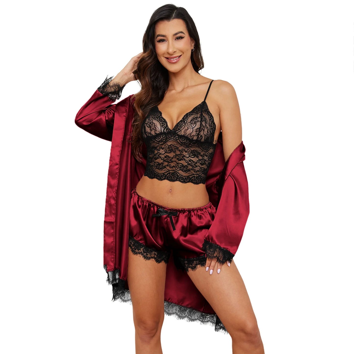 Sexy Lingerie, Silk Satin Pajamas for Women, Womens Summer Pajamas Pjs Sets of 4 Pcs with Floral Lace Top Shorts and Robe, Gift for Women, Deep Green, M