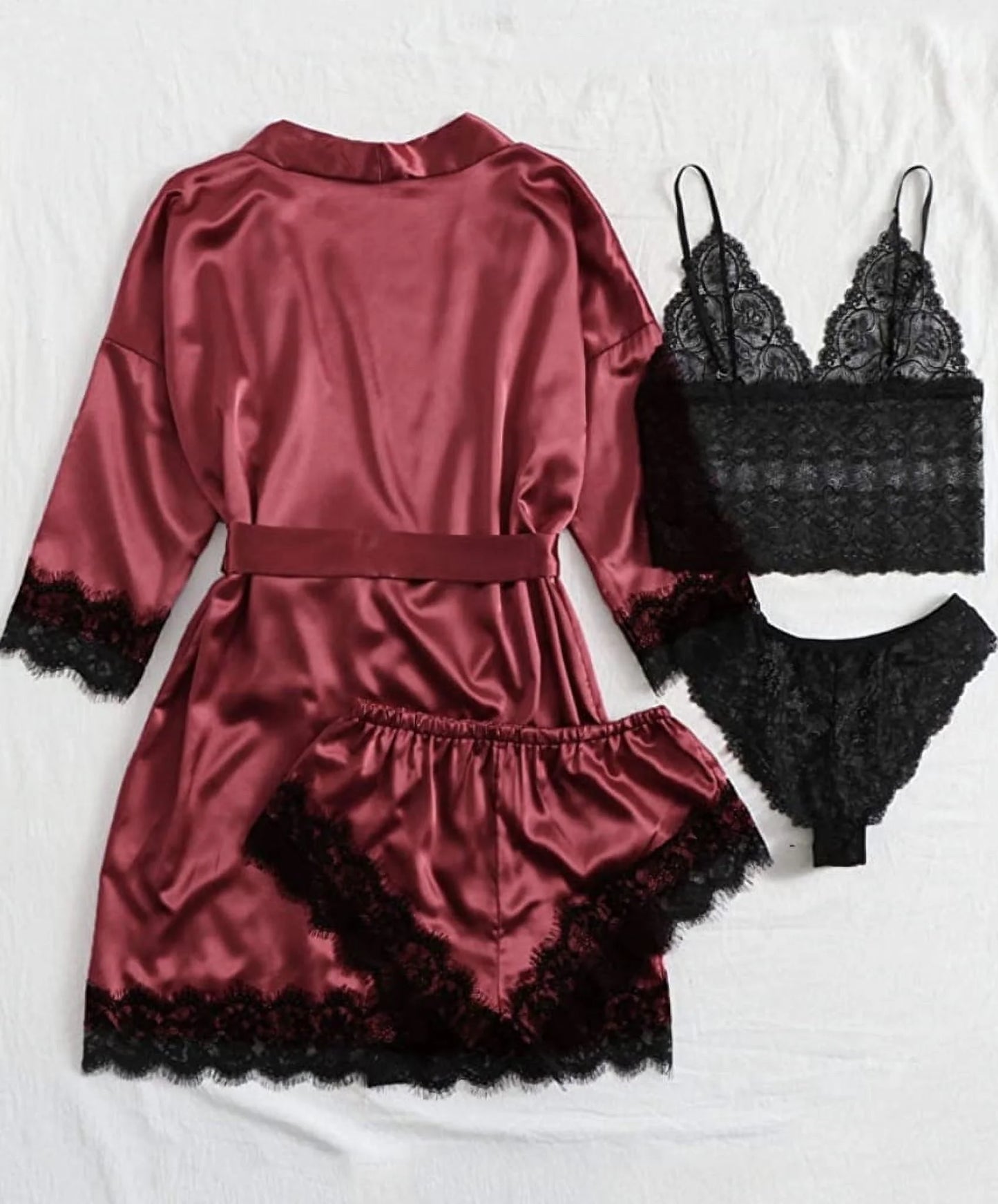 Sexy Lingerie, Silk Satin Pajamas for Women, Womens Summer Pajamas Pjs Sets of 4 Pcs with Floral Lace Top Shorts and Robe, Gift for Women, Deep Green, M
