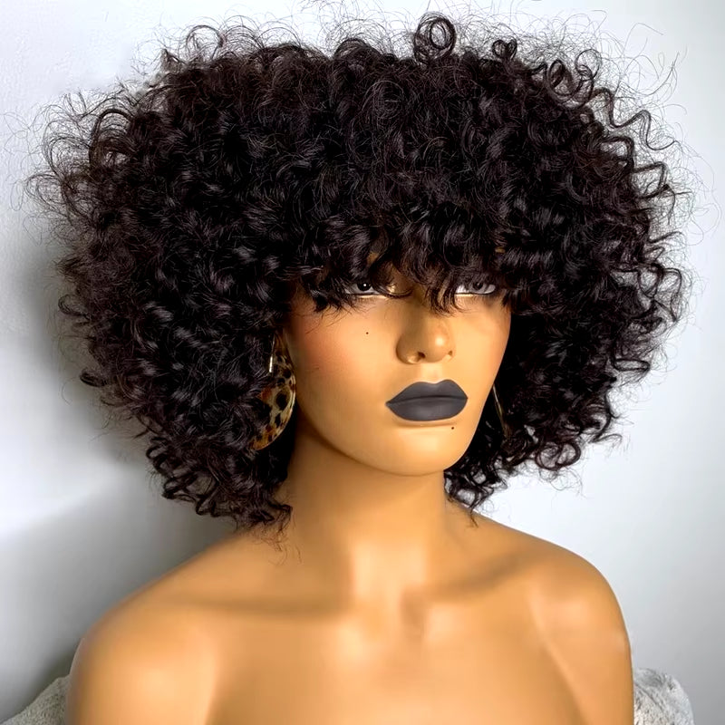 Brown Color Brazilian Remy Curly Hair Wig with Bangs 180% Density Deep Wave Glueless Human Hair Wigs for Black Women No Lace Wig