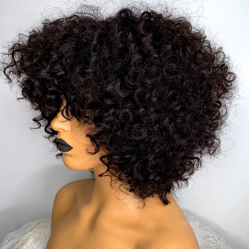 Brown Color Brazilian Remy Curly Hair Wig with Bangs 180% Density Deep Wave Glueless Human Hair Wigs for Black Women No Lace Wig