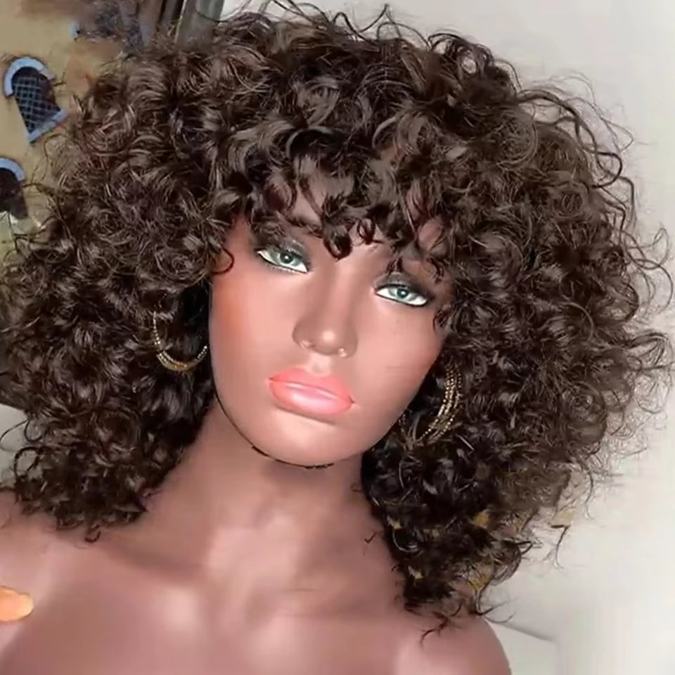 Brown Color Brazilian Remy Curly Hair Wig with Bangs 180% Density Deep Wave Glueless Human Hair Wigs for Black Women No Lace Wig