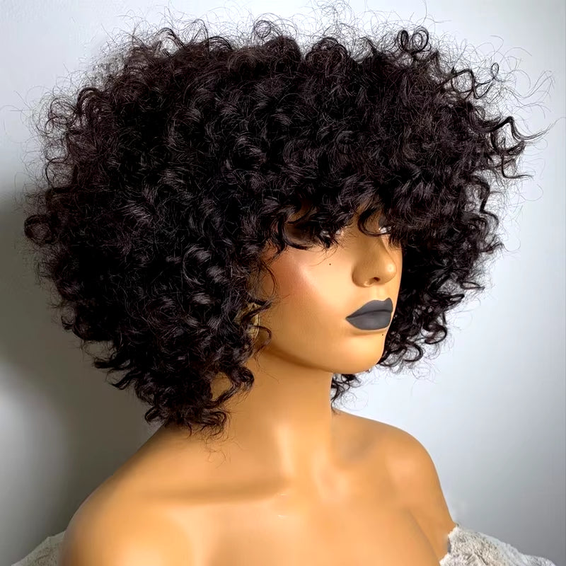 Brown Color Brazilian Remy Curly Hair Wig with Bangs 180% Density Deep Wave Glueless Human Hair Wigs for Black Women No Lace Wig