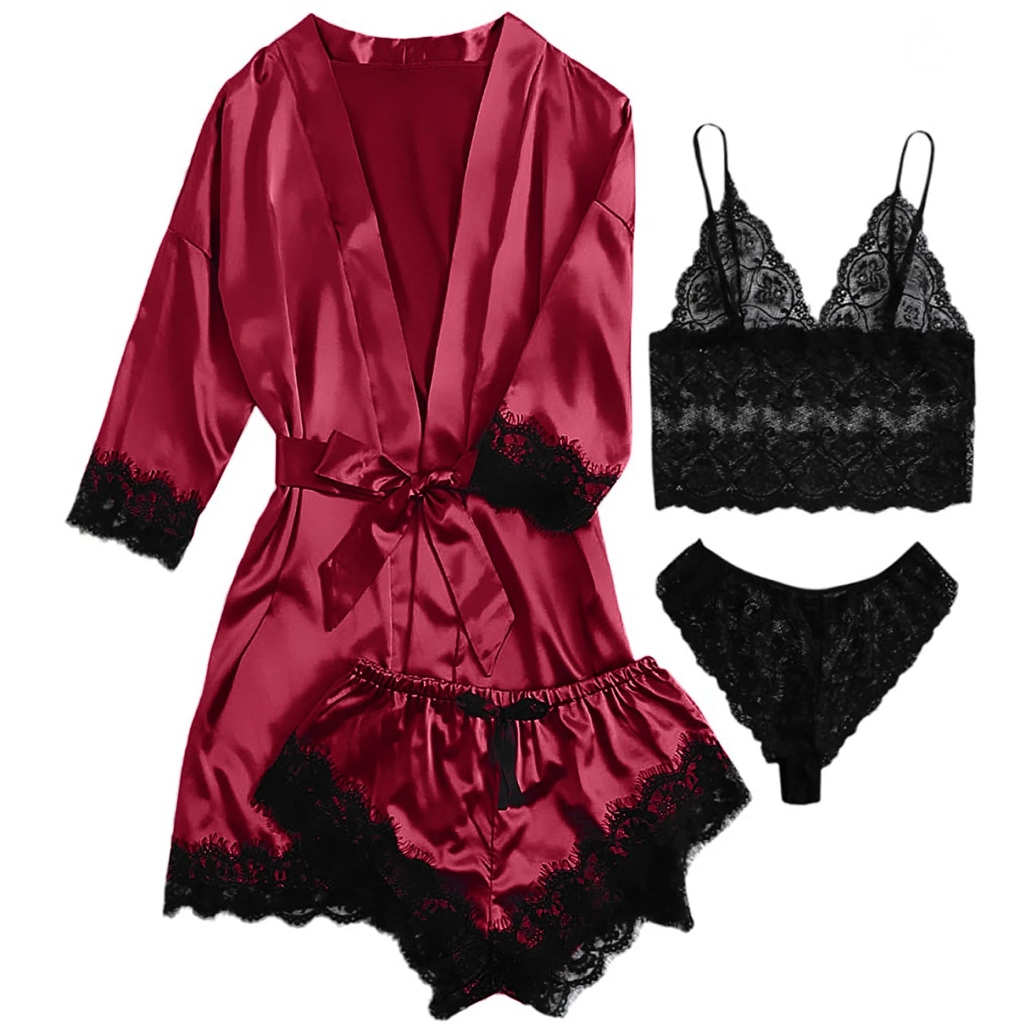 Sexy Lingerie, Silk Satin Pajamas for Women, Womens Summer Pajamas Pjs Sets of 4 Pcs with Floral Lace Top Shorts and Robe, Gift for Women, Deep Green, M