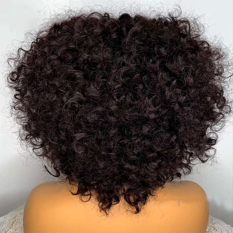 Brown Color Brazilian Remy Curly Hair Wig with Bangs 180% Density Deep Wave Glueless Human Hair Wigs for Black Women No Lace Wig