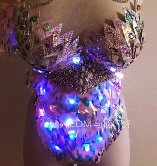 Sexy Nightclub Bar Led Fish Scale Mermaid Bra Top Marine Rave Led Bra Bar Luminous Costume