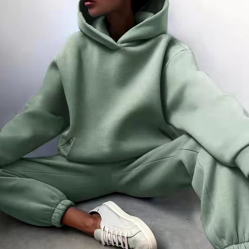 Women Tracksuit Set Solid Long Sleeve Casual Suits Autumn Winter Warm Hooded Sweatshirts and Jogger Pants Fleece Two Piece Set