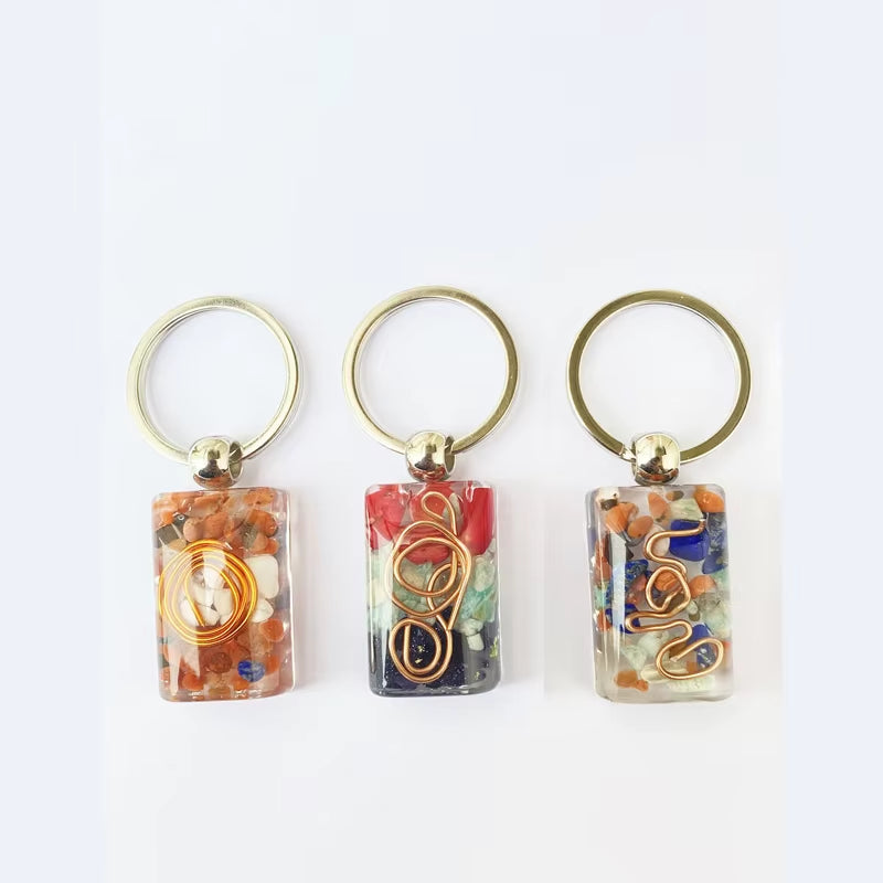 Retro Reiki Healing Colorful Chips Stone Natural Chakra Orgone Energy Keychain Pendulum Amulet Orgonite Crystal Keyring