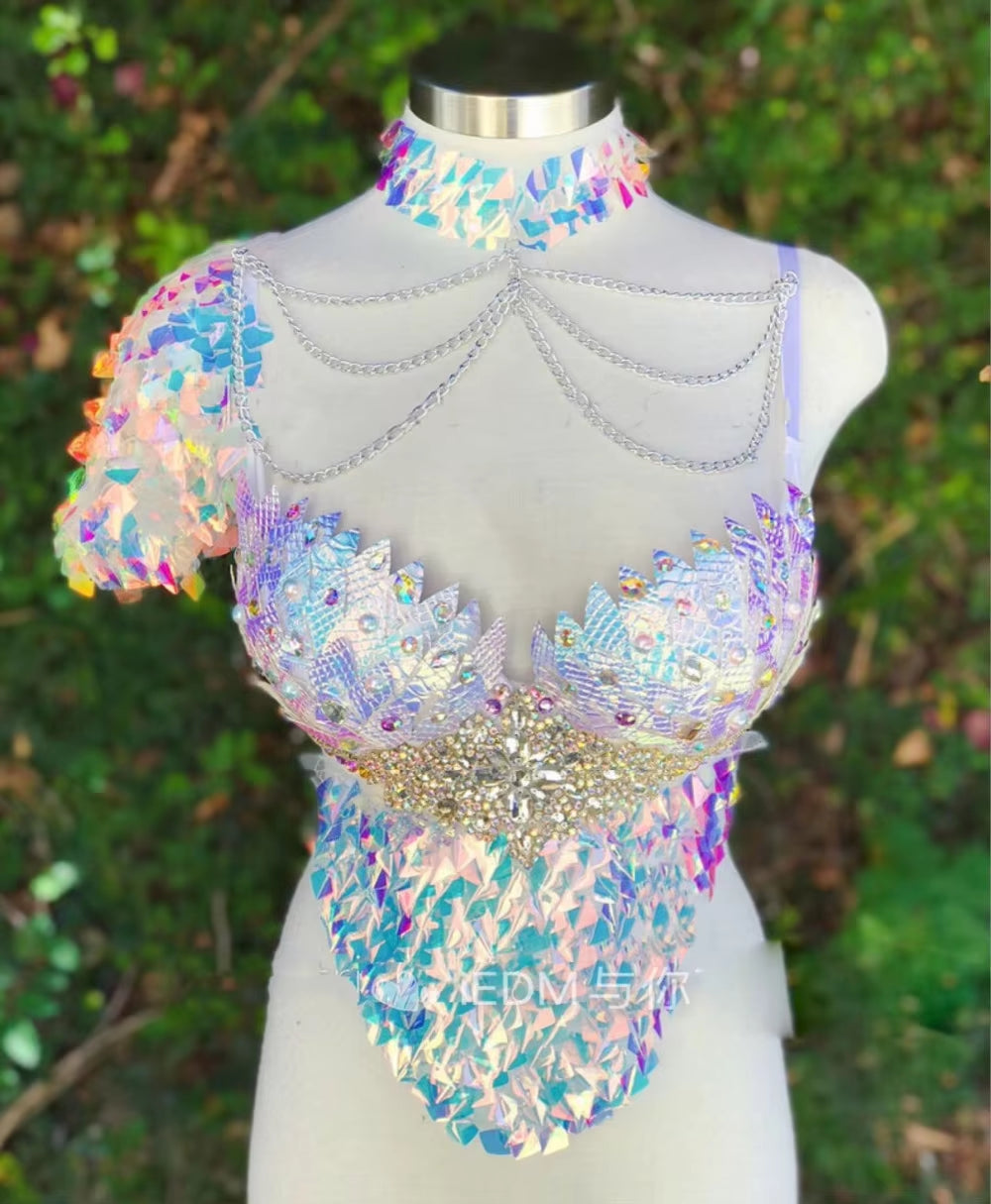 Sexy Nightclub Bar Led Fish Scale Mermaid Bra Top Marine Rave Led Bra Bar Luminous Costume