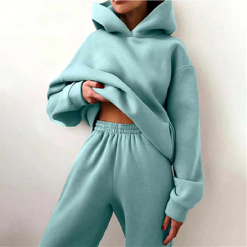 Women Tracksuit Set Solid Long Sleeve Casual Suits Autumn Winter Warm Hooded Sweatshirts and Jogger Pants Fleece Two Piece Set