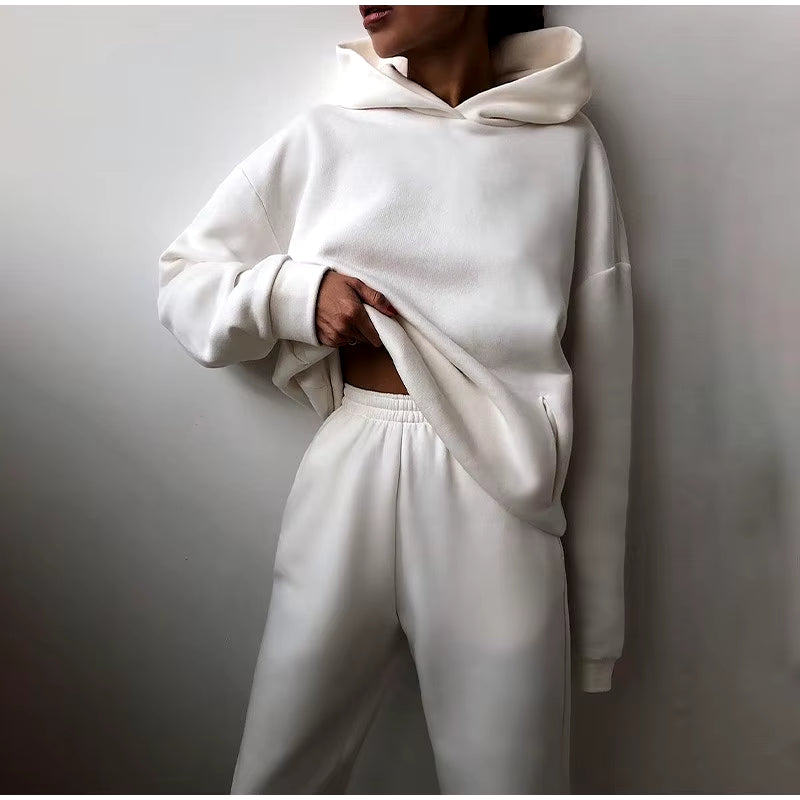 Women Tracksuit Set Solid Long Sleeve Casual Suits Autumn Winter Warm Hooded Sweatshirts and Jogger Pants Fleece Two Piece Set