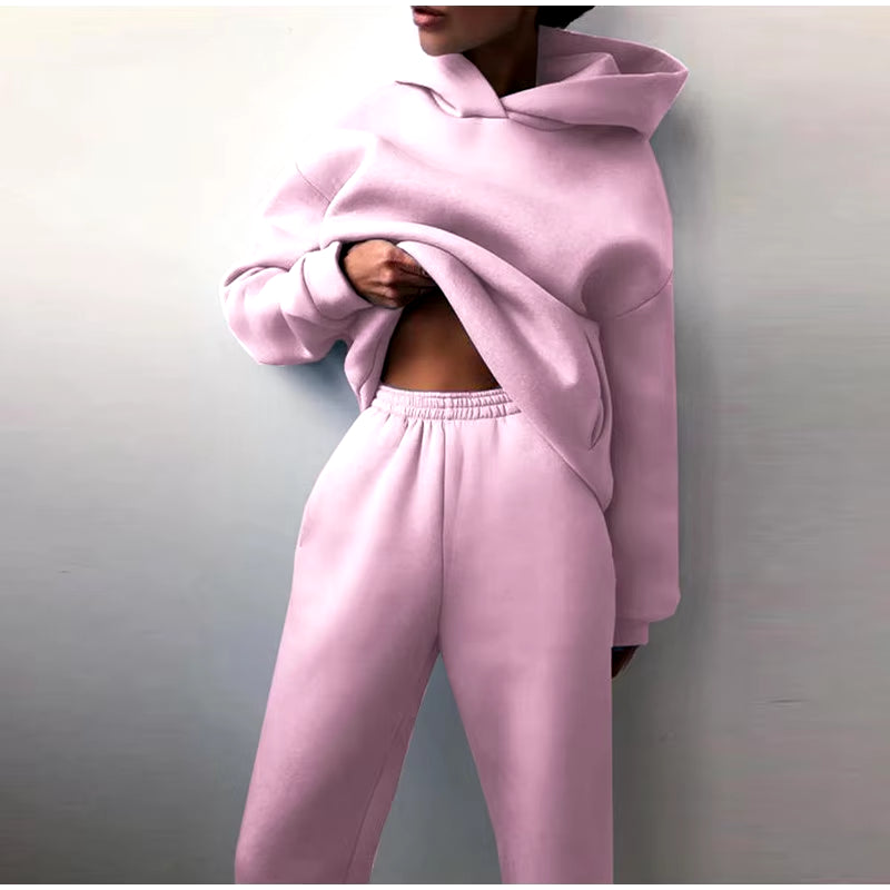 Women Tracksuit Set Solid Long Sleeve Casual Suits Autumn Winter Warm Hooded Sweatshirts and Jogger Pants Fleece Two Piece Set
