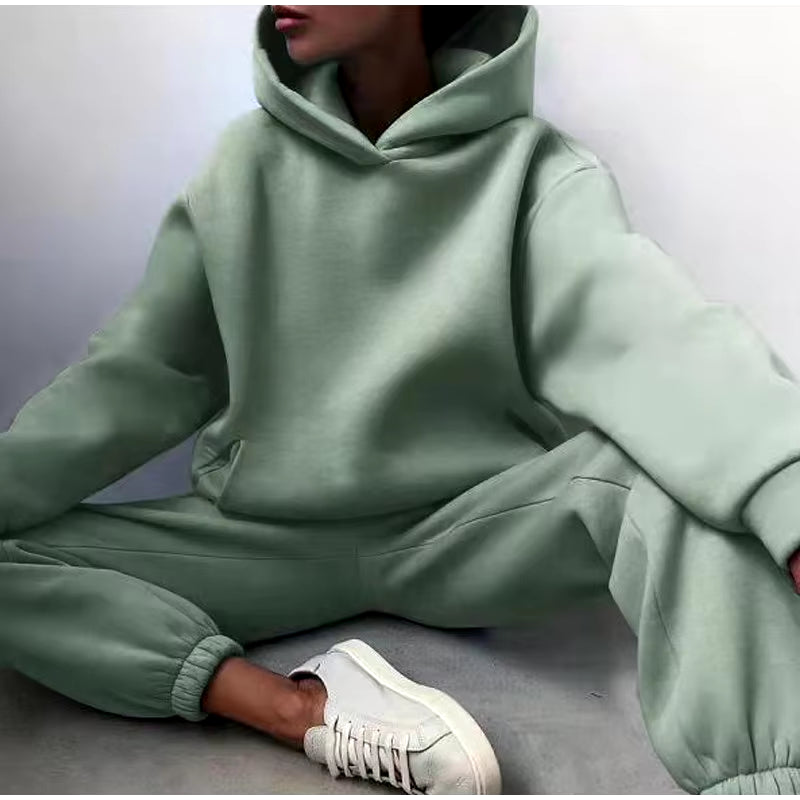 Women Tracksuit Set Solid Long Sleeve Casual Suits Autumn Winter Warm Hooded Sweatshirts and Jogger Pants Fleece Two Piece Set