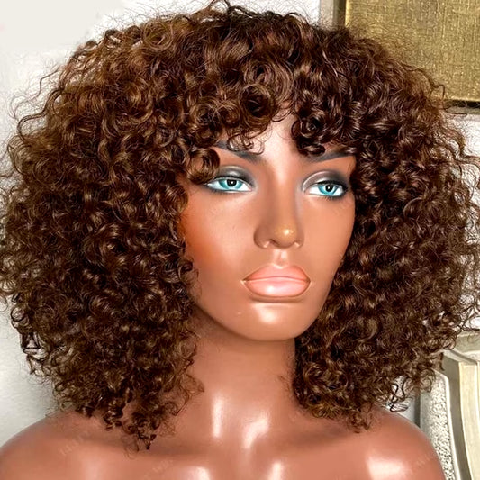 Brown Color Brazilian Remy Curly Hair Wig with Bangs 180% Density Deep Wave Glueless Human Hair Wigs for Black Women No Lace Wig