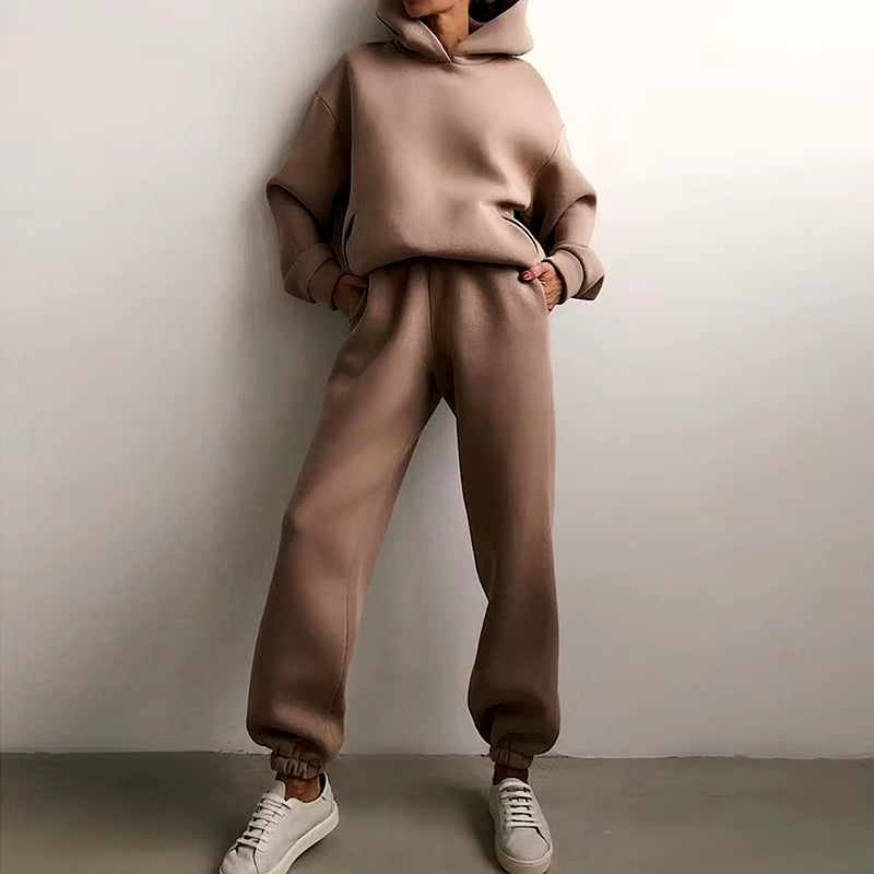 Women Tracksuit Set Solid Long Sleeve Casual Suits Autumn Winter Warm Hooded Sweatshirts and Jogger Pants Fleece Two Piece Set
