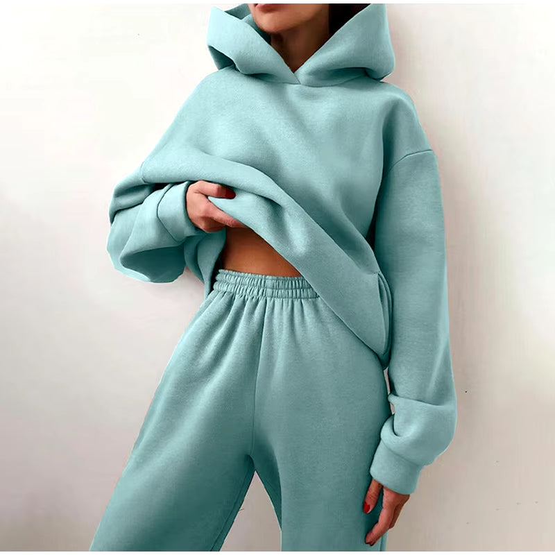 Women Tracksuit Set Solid Long Sleeve Casual Suits Autumn Winter Warm Hooded Sweatshirts and Jogger Pants Fleece Two Piece Set