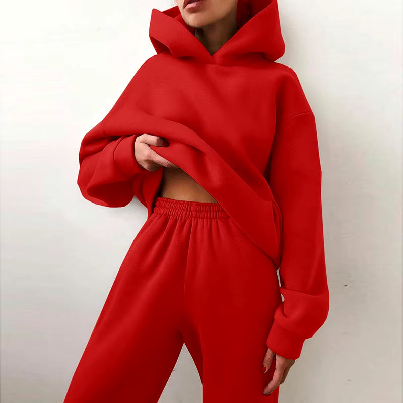 Women Tracksuit Set Solid Long Sleeve Casual Suits Autumn Winter Warm Hooded Sweatshirts and Jogger Pants Fleece Two Piece Set