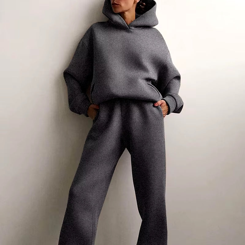 Women Tracksuit Set Solid Long Sleeve Casual Suits Autumn Winter Warm Hooded Sweatshirts and Jogger Pants Fleece Two Piece Set