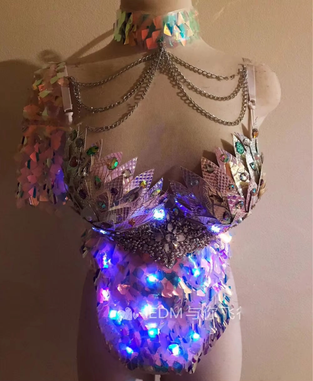 Sexy Nightclub Bar Led Fish Scale Mermaid Bra Top Marine Rave Led Bra Bar Luminous Costume