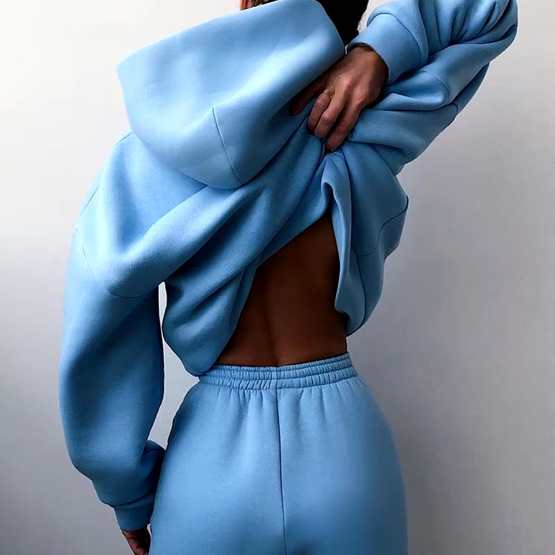 Women Tracksuit Set Solid Long Sleeve Casual Suits Autumn Winter Warm Hooded Sweatshirts and Jogger Pants Fleece Two Piece Set