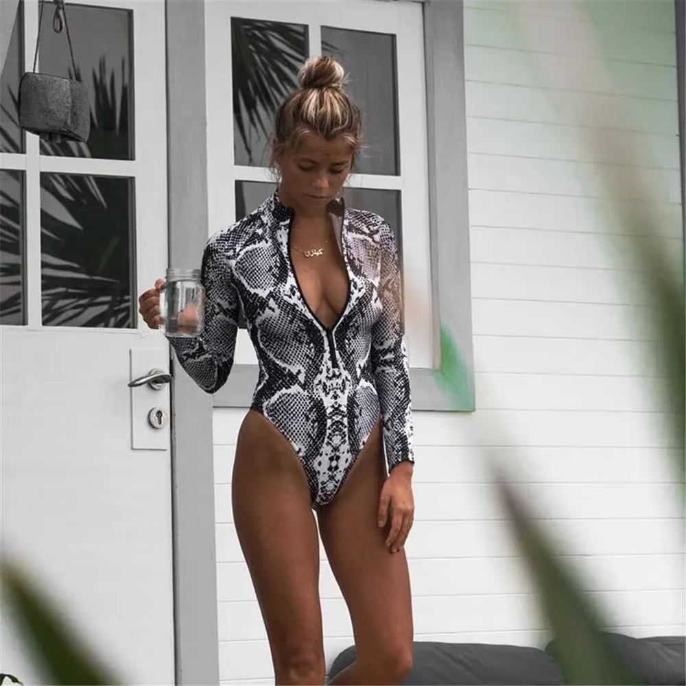 Leopard Print One Piece Swimsuit Snakeskin Print Sexy Swimsuit Long Sleeve Zip Cool Swimsuit Women Push up Bathing Beachwear#Bl3