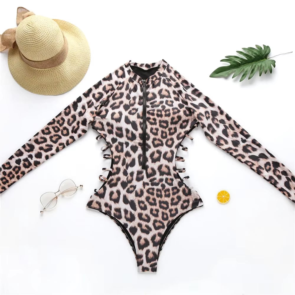Leopard Print One Piece Swimsuit Snakeskin Print Sexy Swimsuit Long Sleeve Zip Cool Swimsuit Women Push up Bathing Beachwear#Bl3