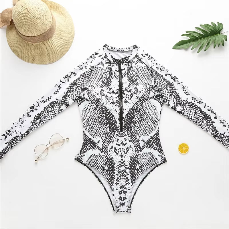 Leopard Print One Piece Swimsuit Snakeskin Print Sexy Swimsuit Long Sleeve Zip Cool Swimsuit Women Push up Bathing Beachwear#Bl3
