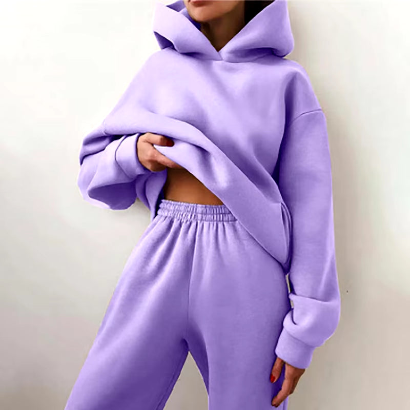 Women Tracksuit Set Solid Long Sleeve Casual Suits Autumn Winter Warm Hooded Sweatshirts and Jogger Pants Fleece Two Piece Set