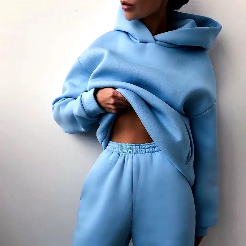 Women Tracksuit Set Solid Long Sleeve Casual Suits Autumn Winter Warm Hooded Sweatshirts and Jogger Pants Fleece Two Piece Set