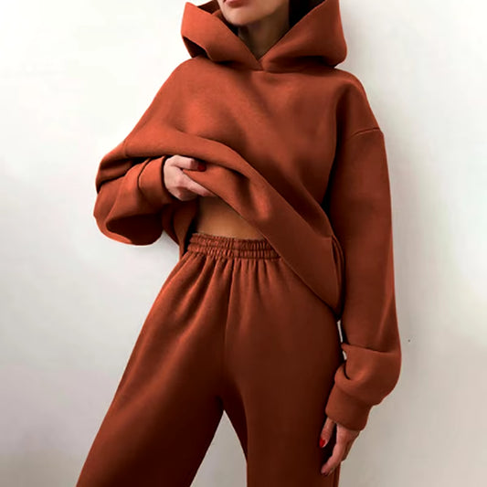 Women Tracksuit Set Solid Long Sleeve Casual Suits Autumn Winter Warm Hooded Sweatshirts and Jogger Pants Fleece Two Piece Set