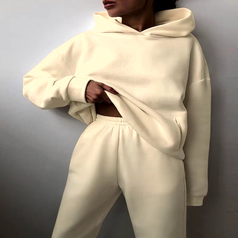 Women Tracksuit Set Solid Long Sleeve Casual Suits Autumn Winter Warm Hooded Sweatshirts and Jogger Pants Fleece Two Piece Set