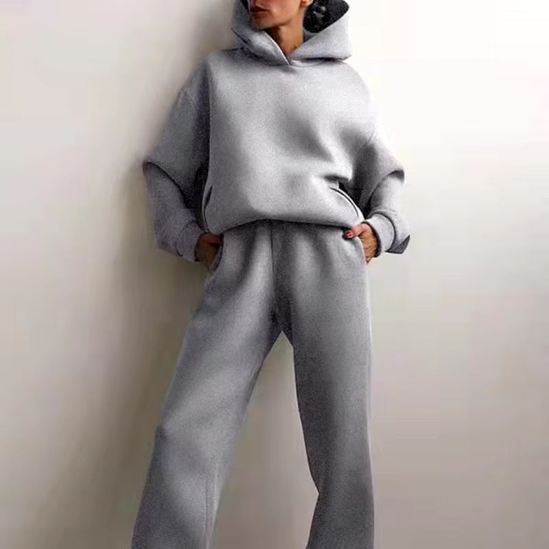 Women Tracksuit Set Solid Long Sleeve Casual Suits Autumn Winter Warm Hooded Sweatshirts and Jogger Pants Fleece Two Piece Set