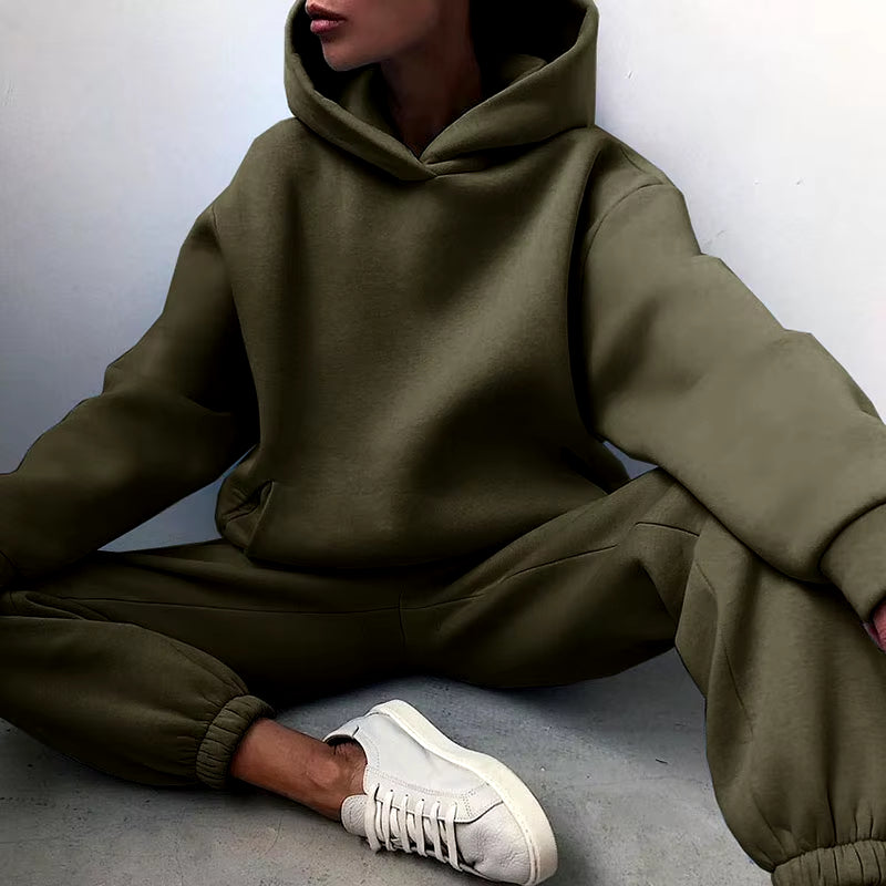 Women Tracksuit Set Solid Long Sleeve Casual Suits Autumn Winter Warm Hooded Sweatshirts and Jogger Pants Fleece Two Piece Set