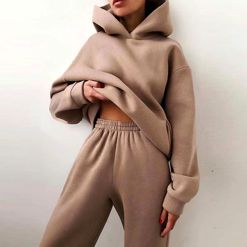Women Tracksuit Set Solid Long Sleeve Casual Suits Autumn Winter Warm Hooded Sweatshirts and Jogger Pants Fleece Two Piece Set