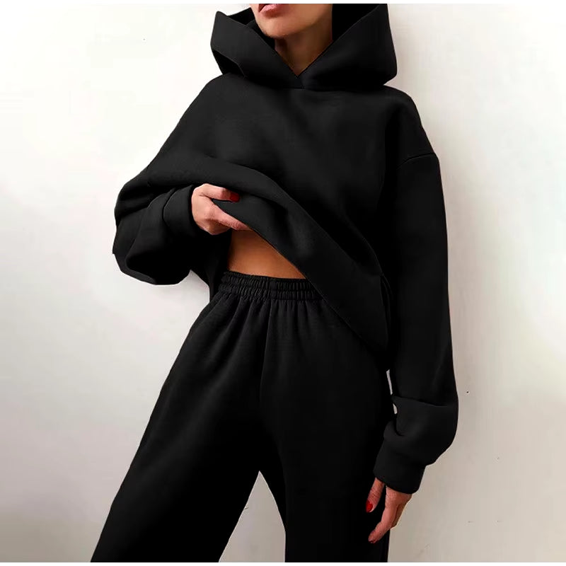 Women Tracksuit Set Solid Long Sleeve Casual Suits Autumn Winter Warm Hooded Sweatshirts and Jogger Pants Fleece Two Piece Set
