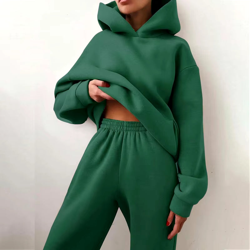 Women Tracksuit Set Solid Long Sleeve Casual Suits Autumn Winter Warm Hooded Sweatshirts and Jogger Pants Fleece Two Piece Set