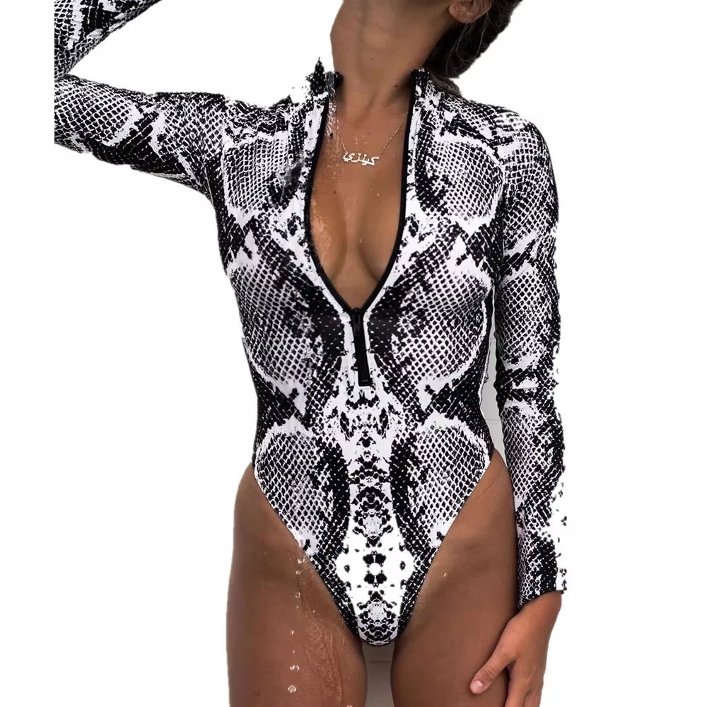 Leopard Print One Piece Swimsuit Snakeskin Print Sexy Swimsuit Long Sleeve Zip Cool Swimsuit Women Push up Bathing Beachwear#Bl3
