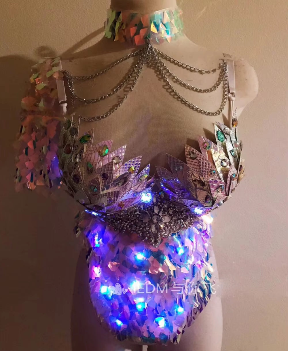 Sexy Nightclub Bar Led Fish Scale Mermaid Bra Top Marine Rave Led Bra Bar Luminous Costume